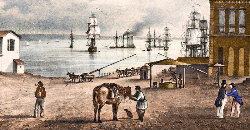 Старий колодязь на фрагменті гравюри Фрідріха Гросса «Одеський порт. Митниця», 1850-ті рр.