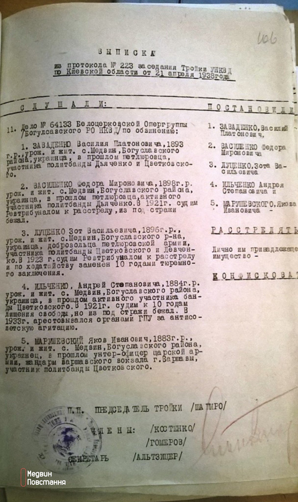 Фото зі справи учасника Медвинського антибільшовицького повстання Федора Василенка 