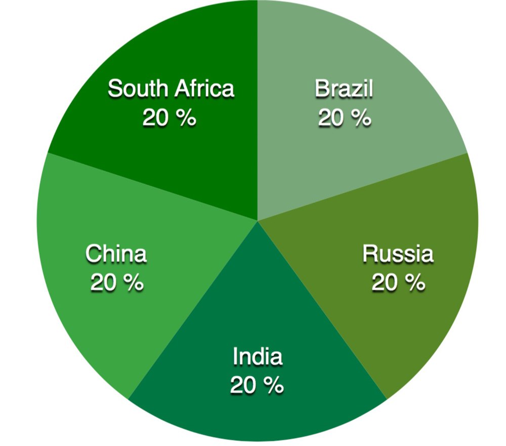 Розподіл акцій NDB між мажоритарною п’ятіркою – країнами BRICS. Також міноритарними акціонерами банку є Єгипет, Бангладеш, ОАЕ, Уругвай.