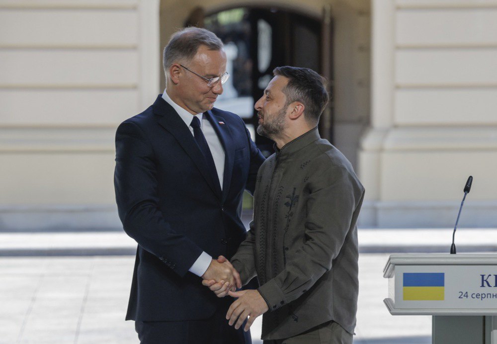 Президент Польщі Анджея&nbsp;Дуда і президент України Володимир Зеленський на День Незалежності у Києві, 24 серпня 2024 року. 