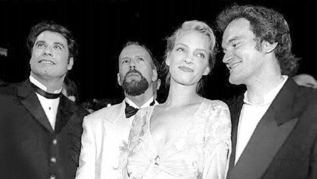 Джон Траволта, Брюс Уиллис, Ума Турман и Квентин Тарантино на Каннском кинофестивале в 1994 году. 