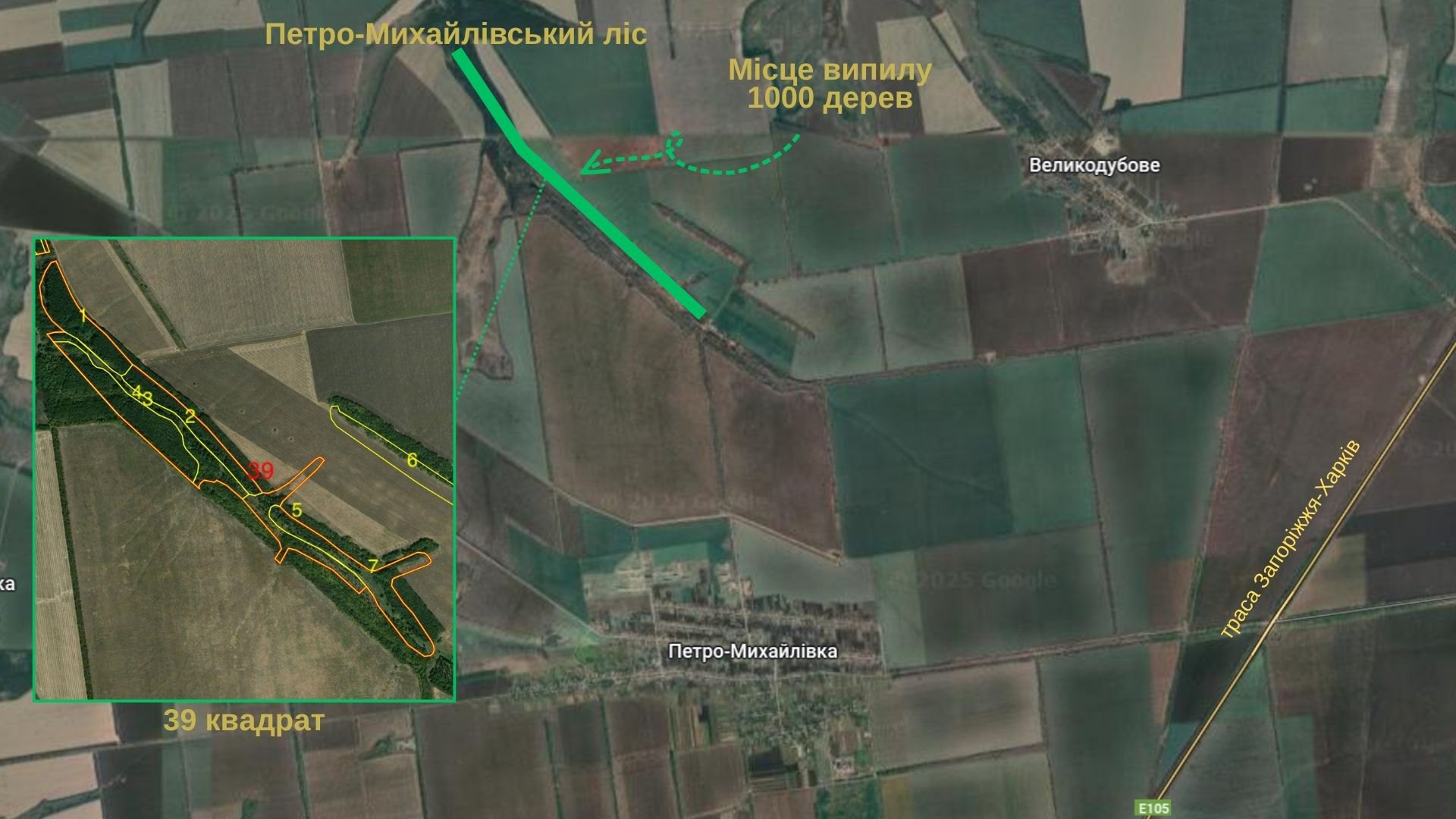 Місце на мапі, де відбулася незаконна рубка на Запоріжжі