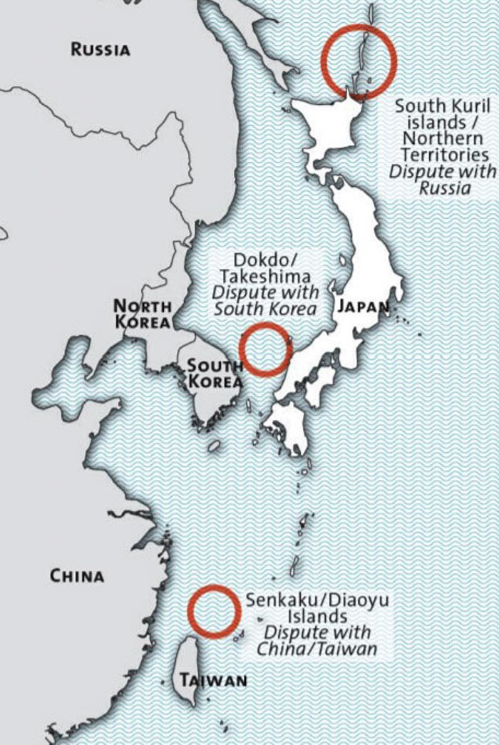 Острівні спори Японії: із Китаєм через Дяоюйдао (Сенкаку); з Південною Кореєю через Токто (Такешіма); із Росією через південні
Курили (Тісіма)