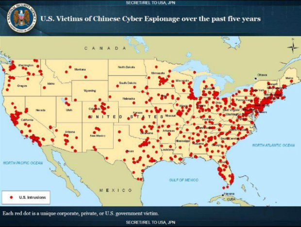 Карта китайских хакерских атак в США