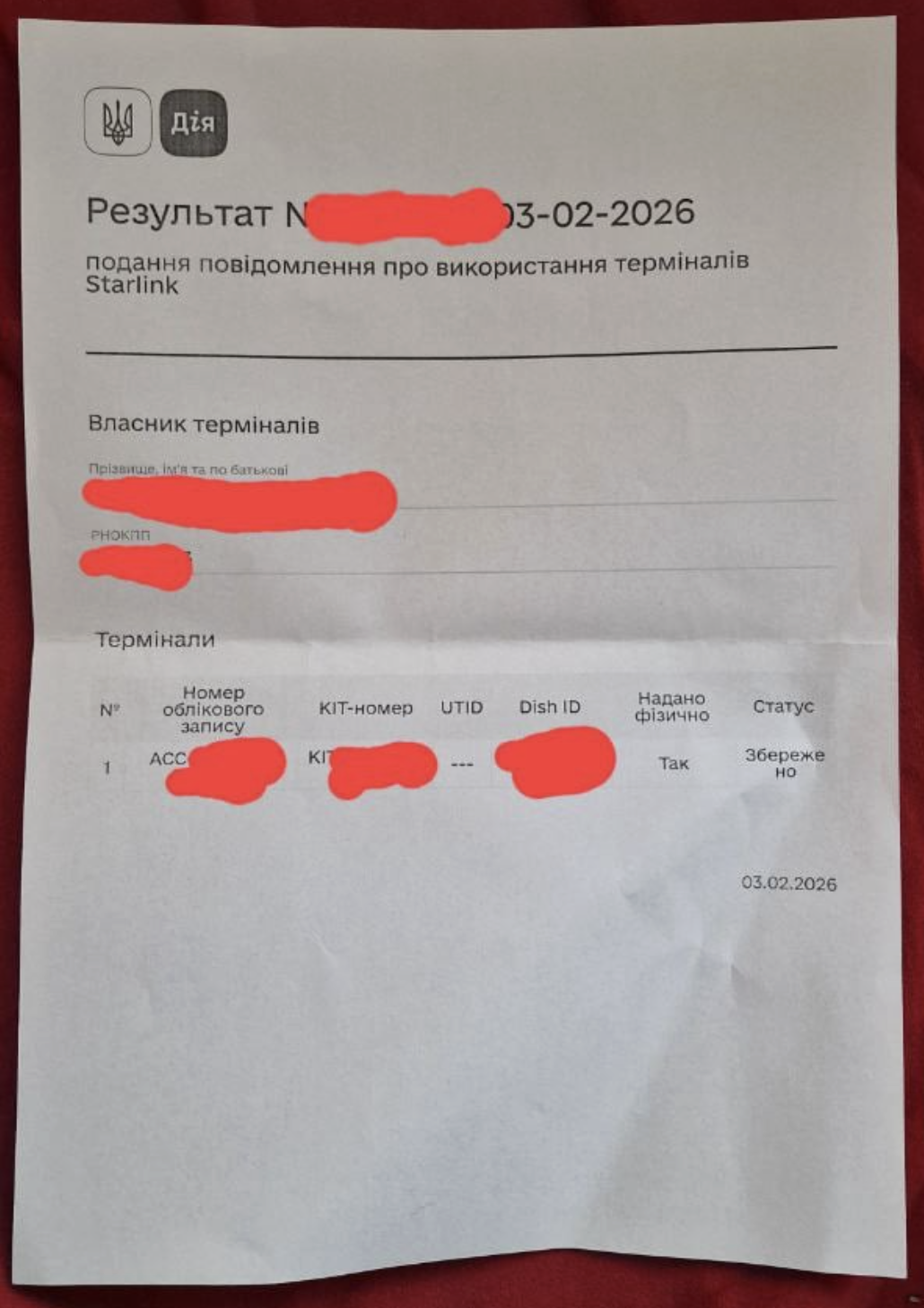 Приклад документу, що видається після реєстрації