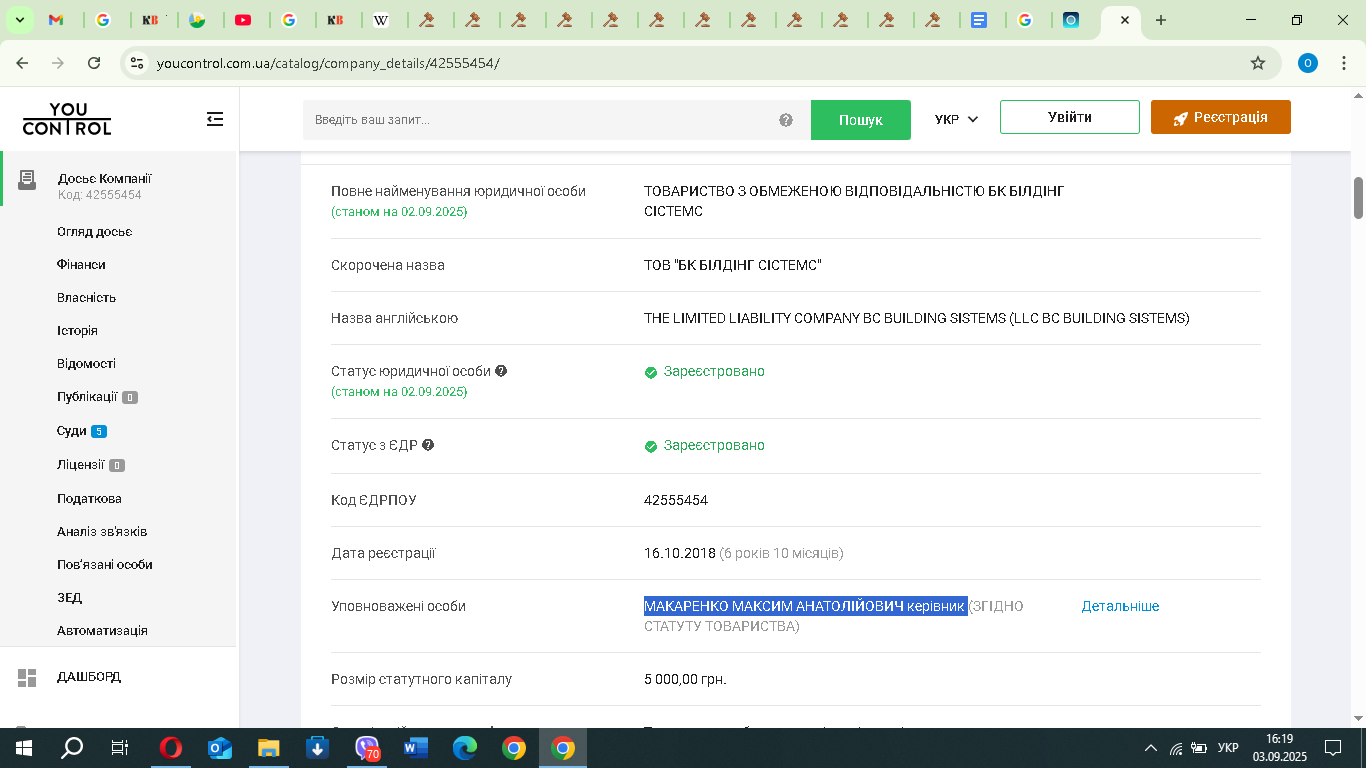 фрагмент реєстрації компанії, де Макаренко є керівником