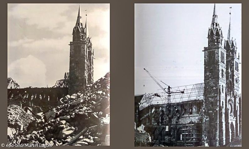 Зруйнована нюрнберзька Лоренцкірхе після 1945 року (ліворуч), зведення нової конструкції даху Лоренцкірхе в 1950 році (праворуч).