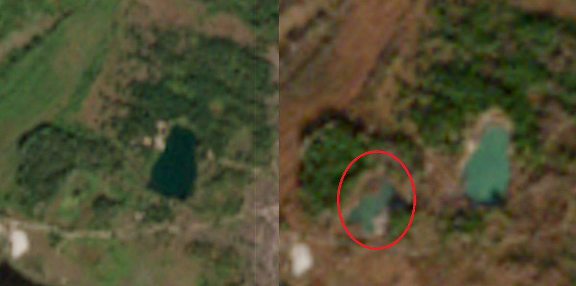 Порівняння супутникових знімків станом на вересень та листопад 2025 року, де видно, як і куди відкачують воду.
Рівень води в озері вже значно зменшився