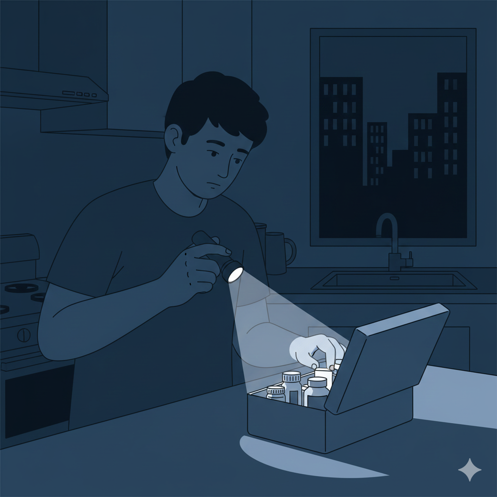 Чоловік перевіряє аптечку у темряві