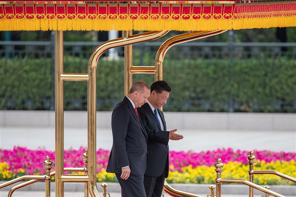 Глава Китаю Сі Цзіньпін (справа) і президент Туреччини Реджеп Тайїп Ердоган під час зустрічі в Домі народних зборів у Пекіні, 2 липня 2019 р.