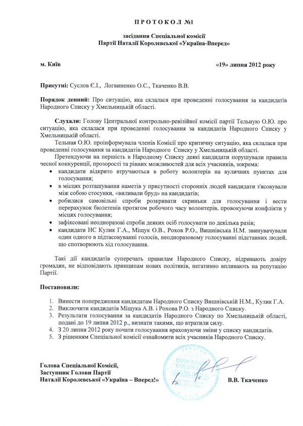 Протокол засідання спеціальної комісії партії 