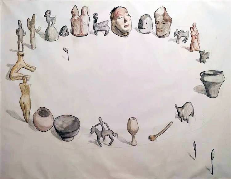 Малюнок Катерини Лисовенко, «Предмети Ермітажу. Обговорення того, кому належить минуле», 2022. 