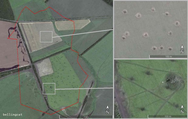Область скопления воронок от артиллерийской атаки 14 июля 2014 г. вблизи Амвросиевки. Координаты: 47°46’1.07″ N 38°30’43.16″ E.
Спутниковый снимок Google Earth от 16 июля 2014 г