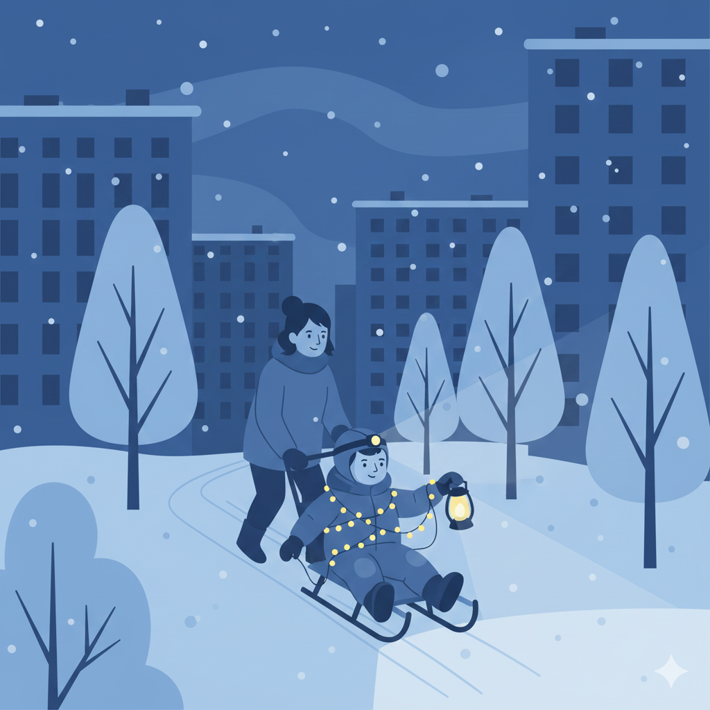 Мама везе дитину додому на санках, зима, блекаут, ліхтарі