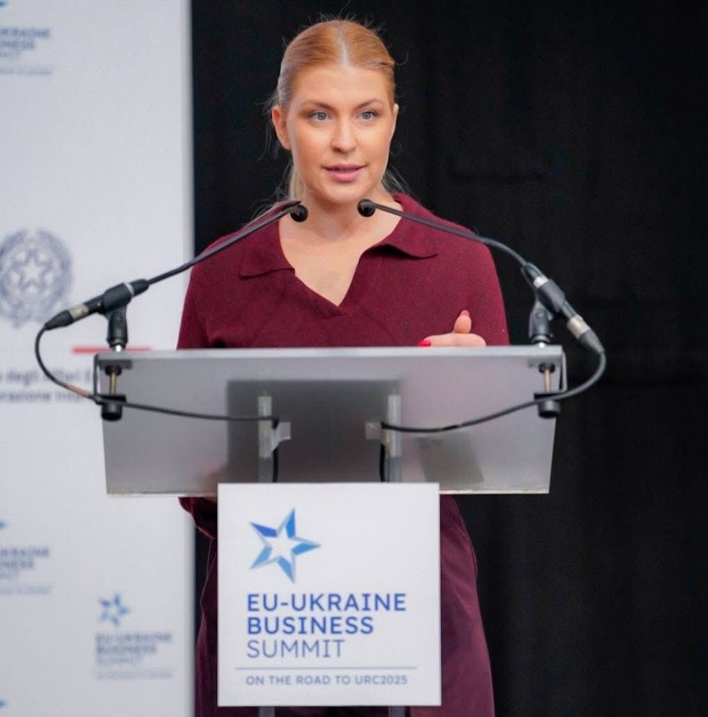 Ольга Стефанішина, віце-прем'єр з питань європейської та євроатлантичної інтеграції України , під час бізнес
форуму в Брюсселі 11 квітня 2025 року