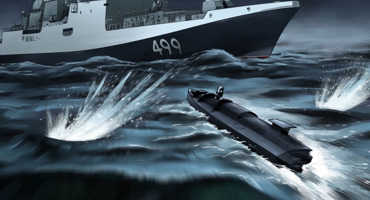 Морський дрон-камікадзе Сил оборони України 29 жовтня 2022 року йде в атаку на рашистський фрегат «Адмірал Макаров»