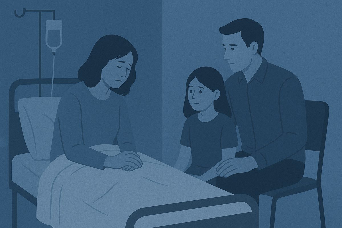 Жінка в палаті поруч з родиною