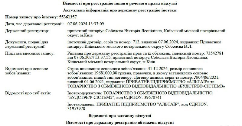 Інформація про іпотеку в Державного реєстру речових прав на нерухоме майно