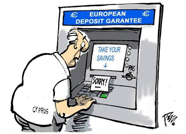 Кипрские сбережения. Вверху на банкомате: европейские гарантии по депозитам. На экране: получите свои сбережения. На чеке:
Извините