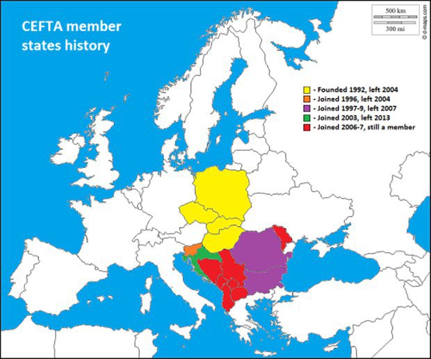 Карта стран бывших и актуальных участников организации CEFTA