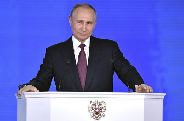 Владимир Путин во время обращения к Федеральному собранию, 1 марта 2018 