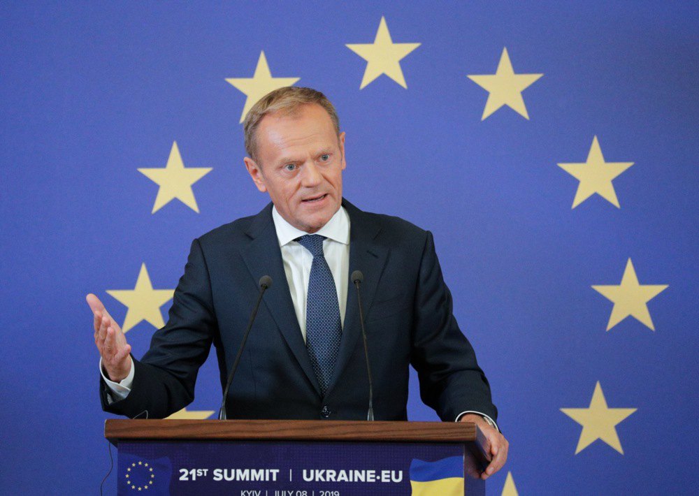 Дональд Туск, тоді Президент Ради Європейського Союзу, під час візиту до Києва, 8 липня 2019 року.