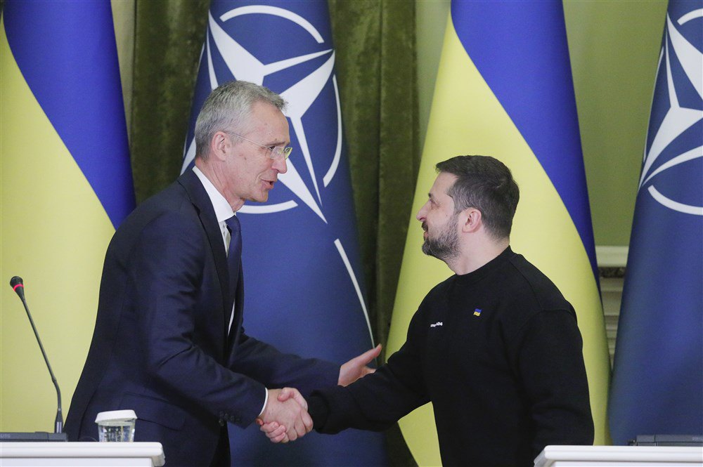 President of Ukraine Volodymyr Zelenskyy and NATO Secretary General Jens Stoltenberg during a joint press conference after the meeting in Kyiv, April 20, 2023