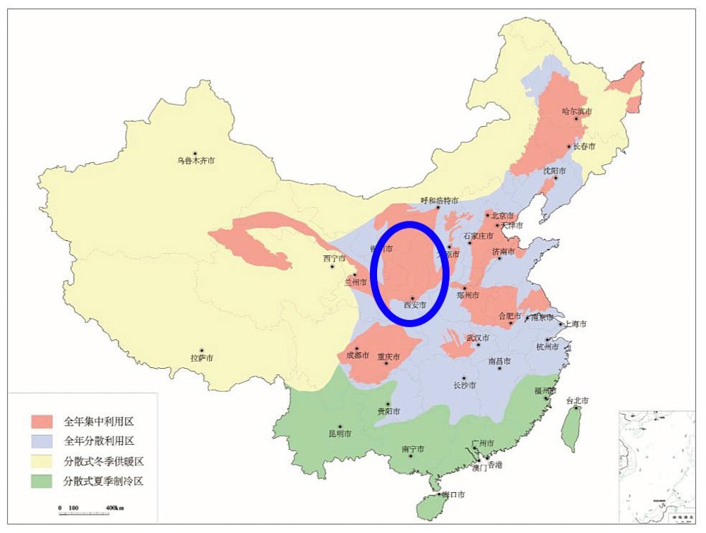 Червоним: регіони в Китаї, де протягом всього року можна видобувати геотермальну енергію. Синім: територія провінції Шеньсі –
батьківщини Сі Цзіньпіна