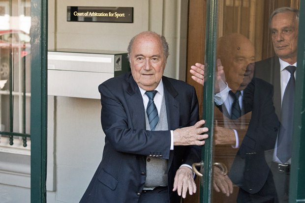 Sepp Blatter leaving the Court of Arbitration for Sport (CAS) in Lausanne, Switzerland