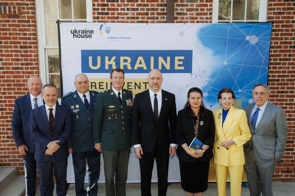 From left to right: Danylo Volynets, co-founder of Ukraine House and Chairman of the Supervisory Board of Akordbank; Davide La Cicilia, Special Representative of the Italian Ministry of Foreign Affairs for the Reconstruction of Ukraine; Major General Borys Kremenetskyy, Defence Attaché at the Embassy of Ukraine in the United States (2020–2026); Denys Shmyhal, Prime Minister of Ukraine (2020–2025), His Royal Highness Brigadier General Prince Joachim of Denmark, Defence Industry Attaché and Deputy Defence Attaché at the Danish Embassy in Washington, D.C., Adrienne Arsht, founder and chair of the board of the Adrienne Arsht Center, an American businesswoman and philanthropist, Mark Ordan, chairman of the Board of Directors of the US Chamber of Commerce.
