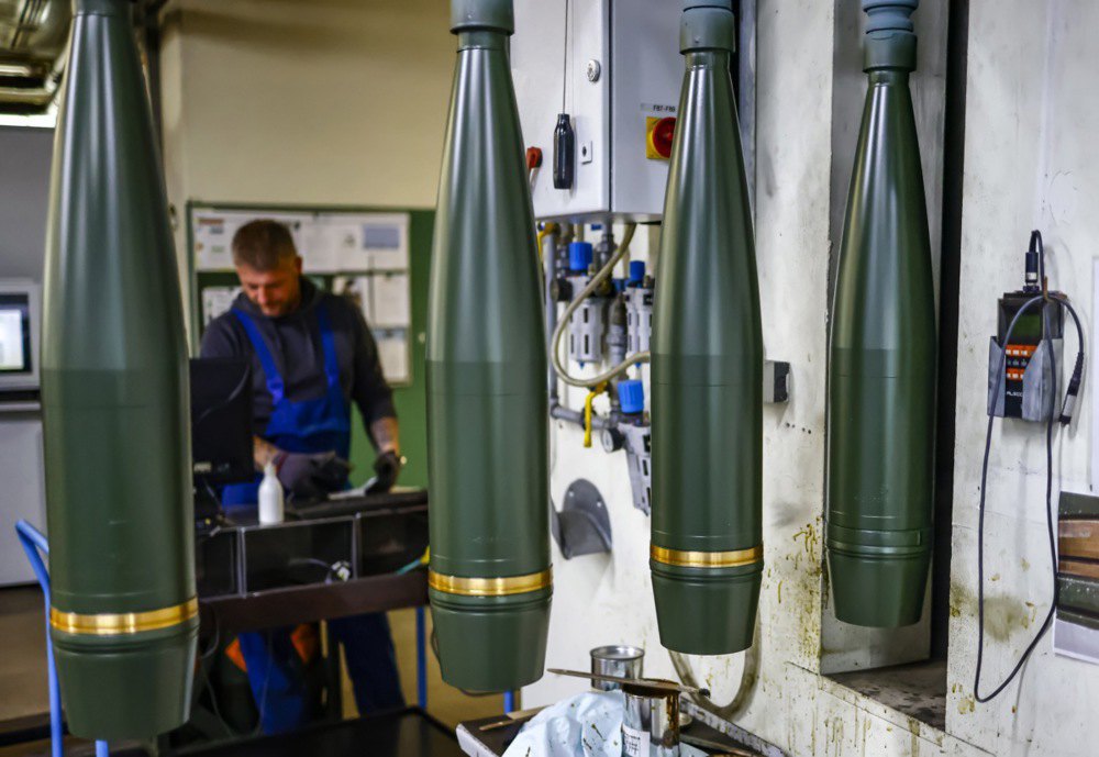 Production of 155 mm artillery shells at the Rheinmetall factory, Germany, 6 June, 2023