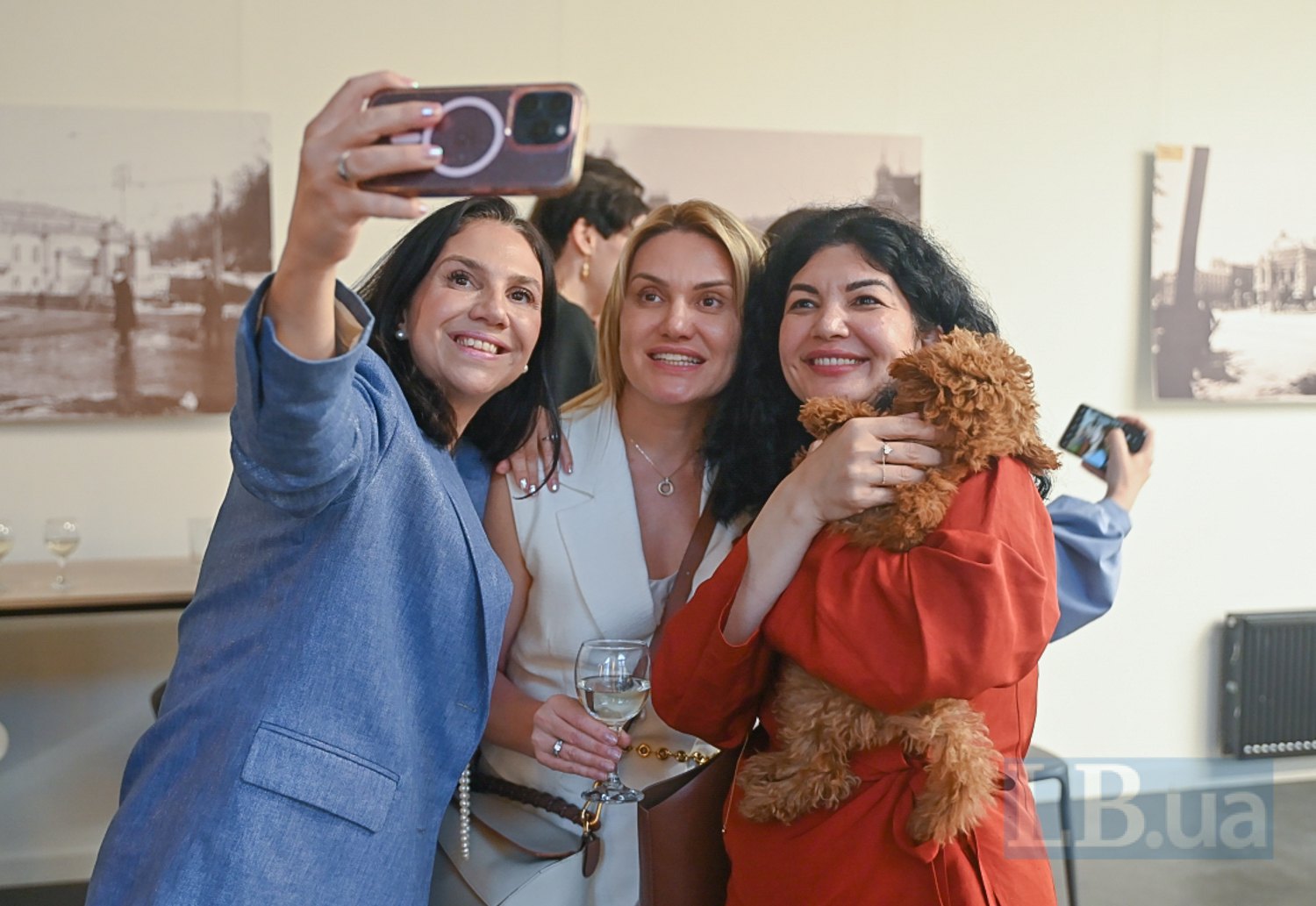 Nataliya Bukhalova, Tetyana Ostrikova, and Tamila Tasheva with her pet Nazly