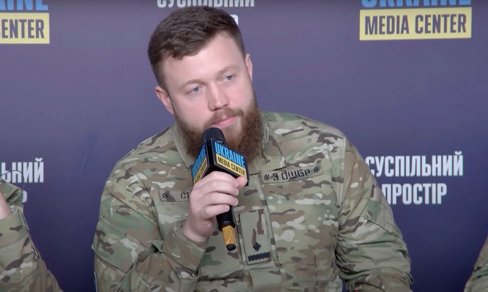  Dmytro Kukharchuk during a briefing at the Media Centre