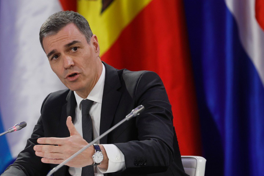 Spanish Prime Minister Pedro Sánchez during a speech at the Support Ukraine forum