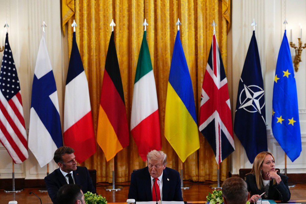 Donald Trump during an extended meeting with European leaders after a bilateral meeting with Ukrainian President Volodymyr Zelenskyy in Washington.