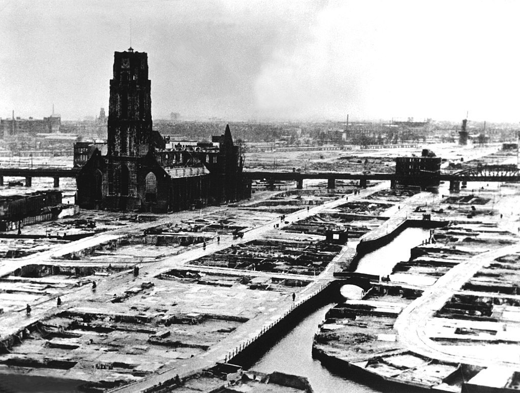The centre of Rotterdam after the bombing. The damaged St Lawrence Church, the only partially preserved building reminiscent of Rotterdam's medieval architecture, 14 May 1940 