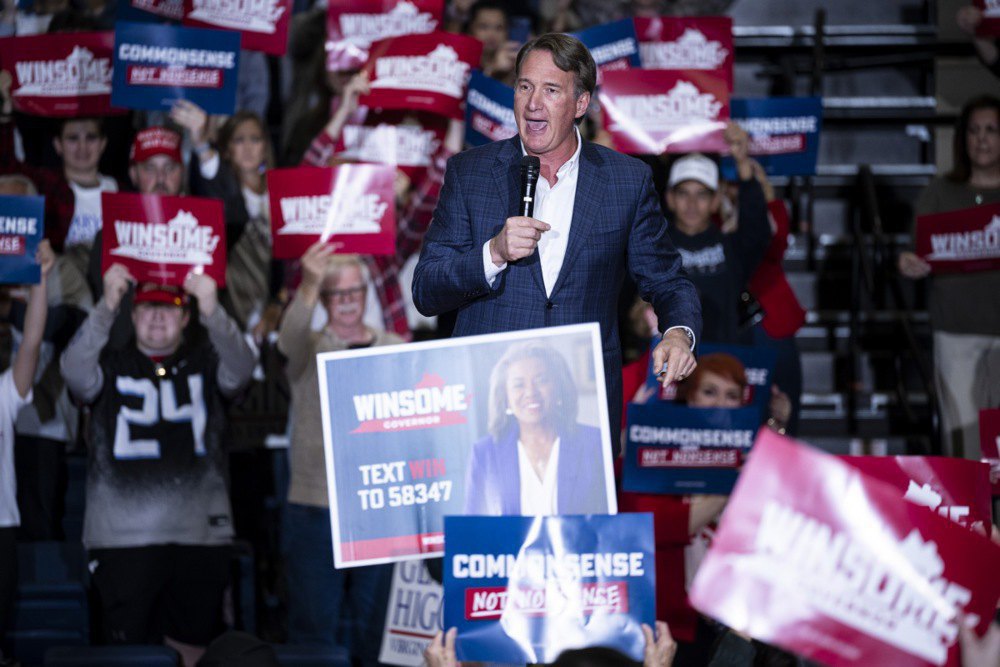 Virginia Governor Glenn Youngkin speaks during the Republican campaign event in Purcellville, Virginia, USA, on November 1, 2025.