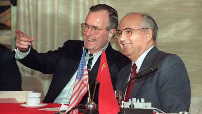 Mikhail Gorbachev and George H. W. Bush during the Malta Summit, December 1989
