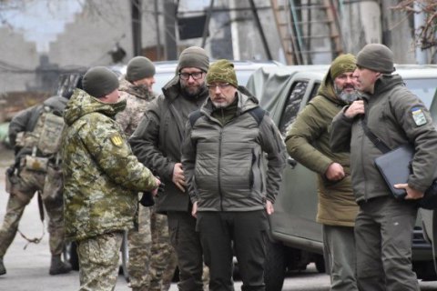 The Ukrainian delegation arrives for talks with Russia on the Ukrainian-Belarusian border