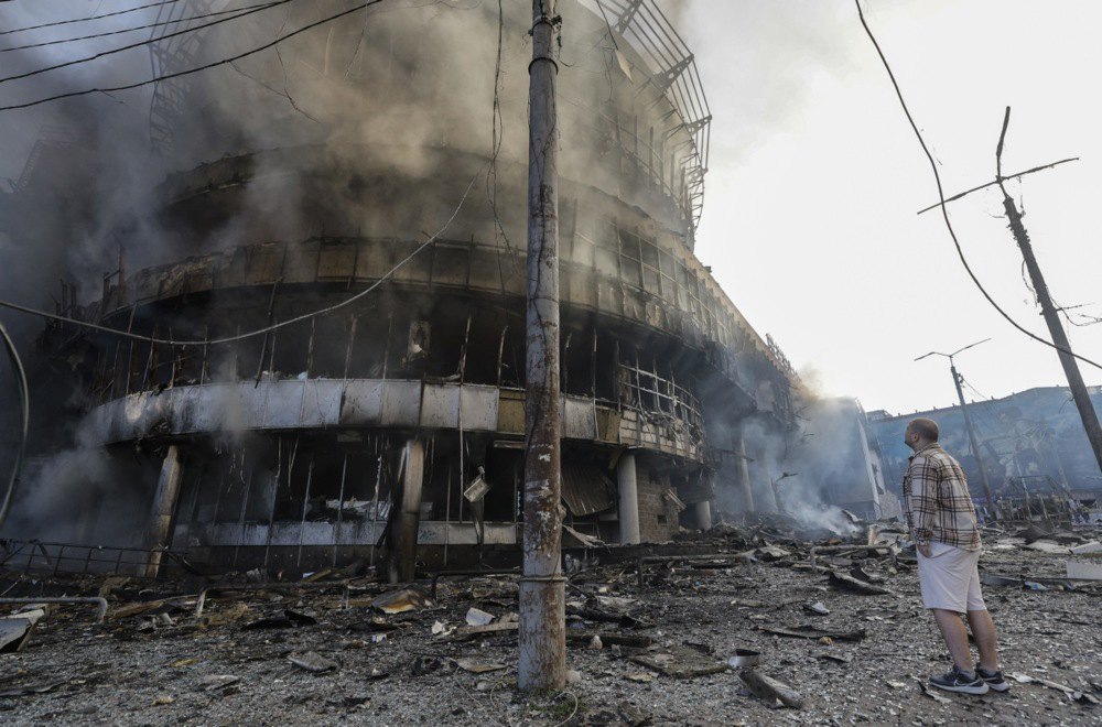 At the site of the Russian strike on the shopping centre on Lukyanivka in Kyiv, Ukraine, 24 May 2026