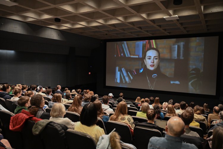 Oleksandra Matviychuk addresses the audience
