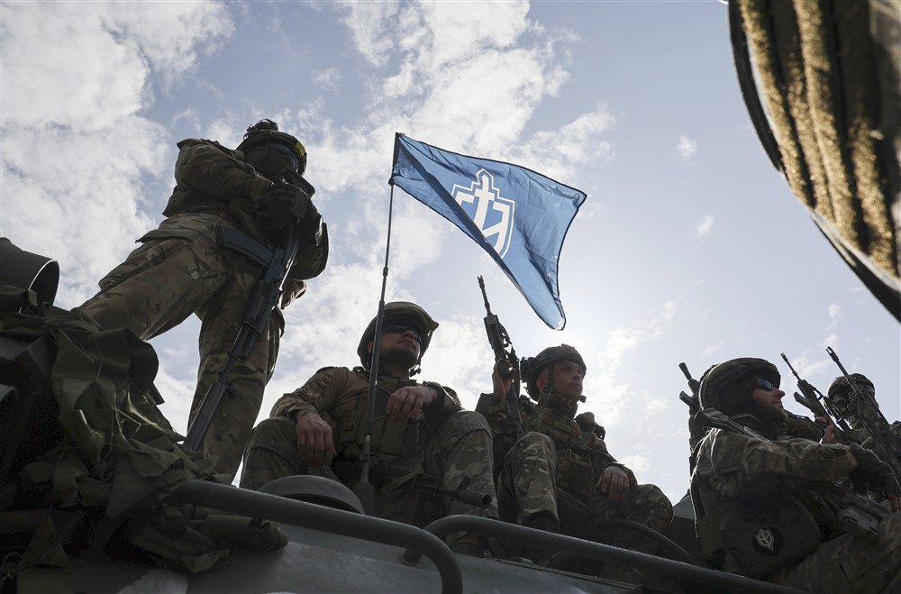 Fighters of the Russian Volunteer Corps and the Freedom of Russia Legion near the Ukrainian-Russian border, Kharkiv Region, 24 May 2023. 