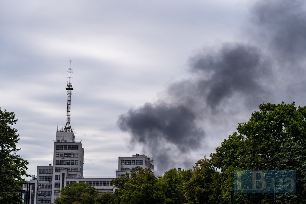 Smoke in the city centre after the shelling of Kharkiv on 17 May 2024