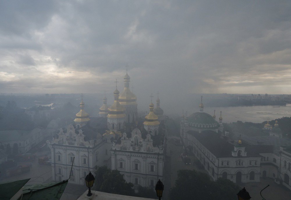 Kyiv Pechersk Lavra shrouded in thick smoke after a fire caused by a drone strike by the Russian occupiers, 15 June 2026.