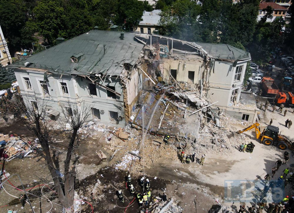 The destroyed building of Okhmatdyt after the attack