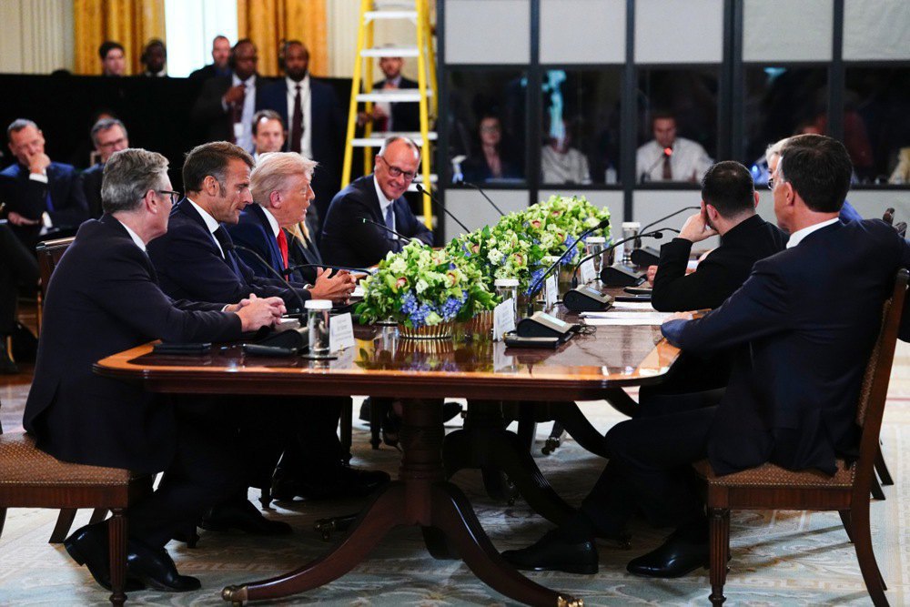 Meeting between US President Donald Trump, President Volodymyr Zelenskyy, NATO Secretary General Mark Rutte, British Prime Minister Keir Starmer, French President Emmanuel Macron, Italian Prime Minister Giorgia Meloni, German Chancellor Friedrich Merz, Finnish President Alexander Stubb, and European Commission President Ursula von der Leyen in Washington.