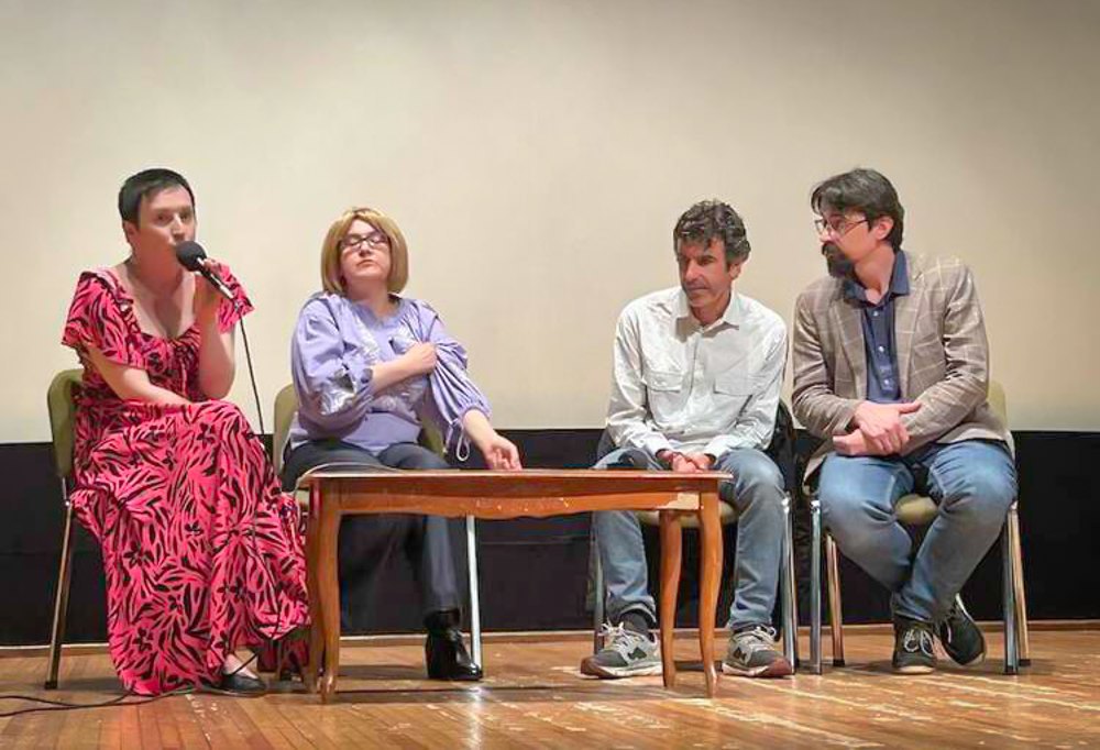  Moderator Iryna Plekhova, writer Oksana Zabuzhko, director Mathieu Schwartz, and cinematographer Oleksandr Krystalovych