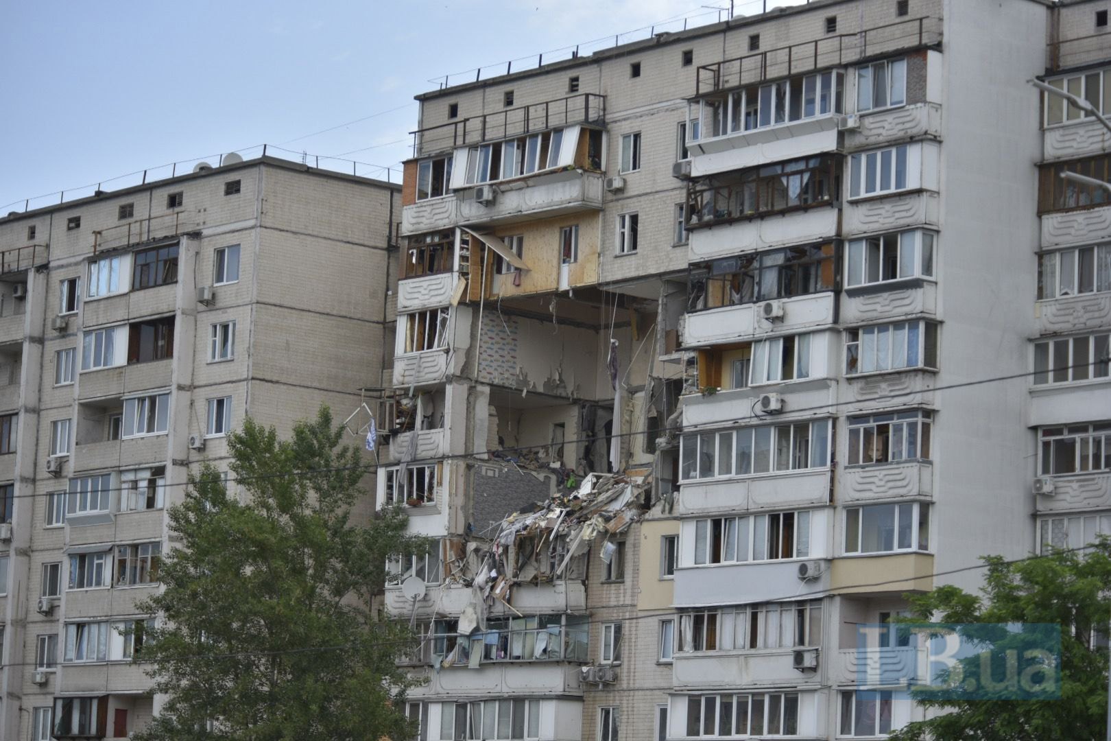 The aftermath of a gas explosion in a high-rise building in Poznyaky, Kyiv 