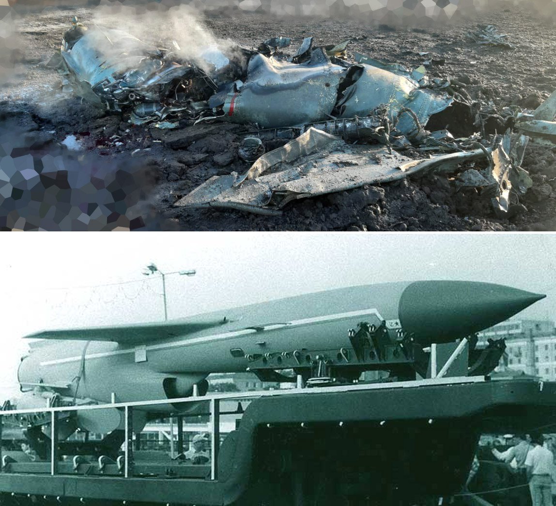 The debris of a P-35 missile and the view of the missile on the launcher 
