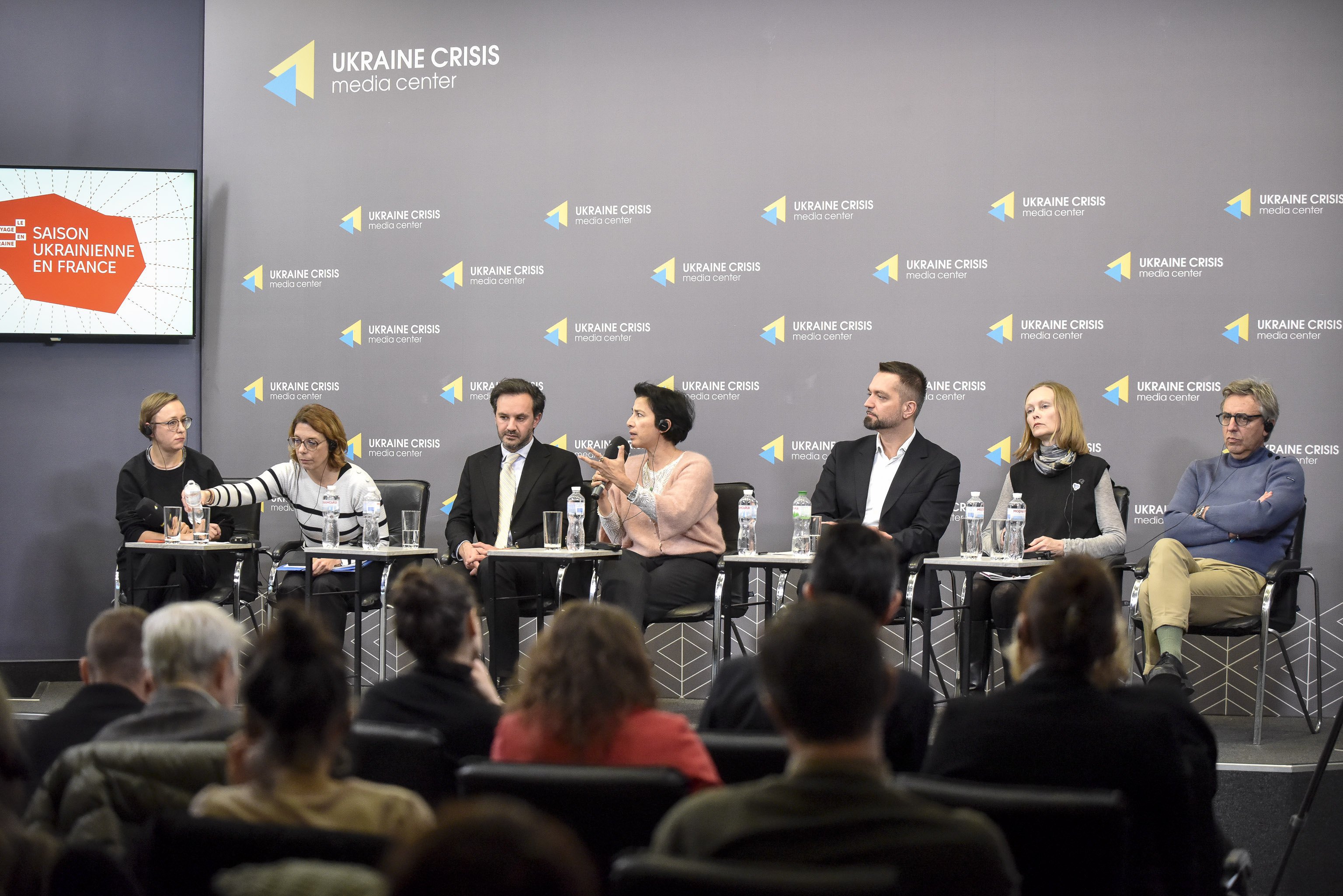 Press conference of the Ukrainian Season in France. Speakers: Tetyana Oliynyk (moderator), Alexandra Mahé (Deputy Director for International Relations and Solidarity, Lille City Council), Heorhiy Tykhyy (Spokesperson for Ukraine’s Ministry of Foreign Affairs), Eva Nguyen Binh (President of the French Institute), Volodymyr Sheyko (Director General of the Ukrainian Institute), Olena Honcharuk (Creative Director of the Dovzhenko Centre), and Alban Corbier-Labasse (Director of La Friche Belle-de-Mai cultural venue in Marseille).